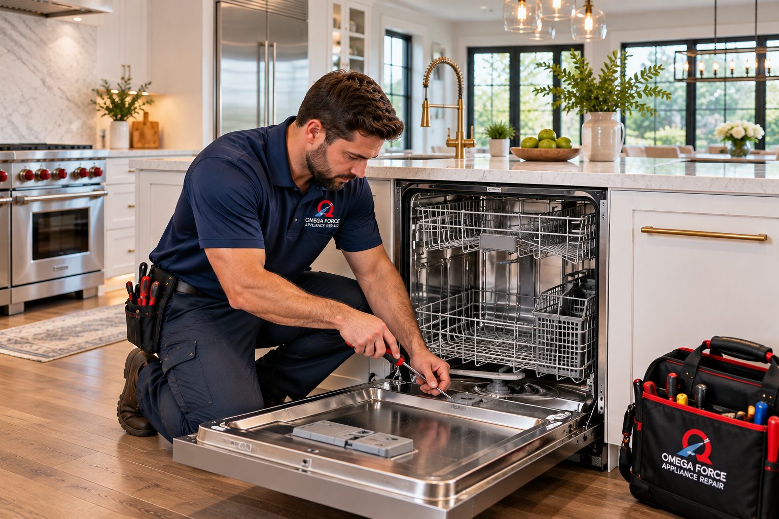 Omega Force technician repairing a built-in dishwasher in a customer's kitchen